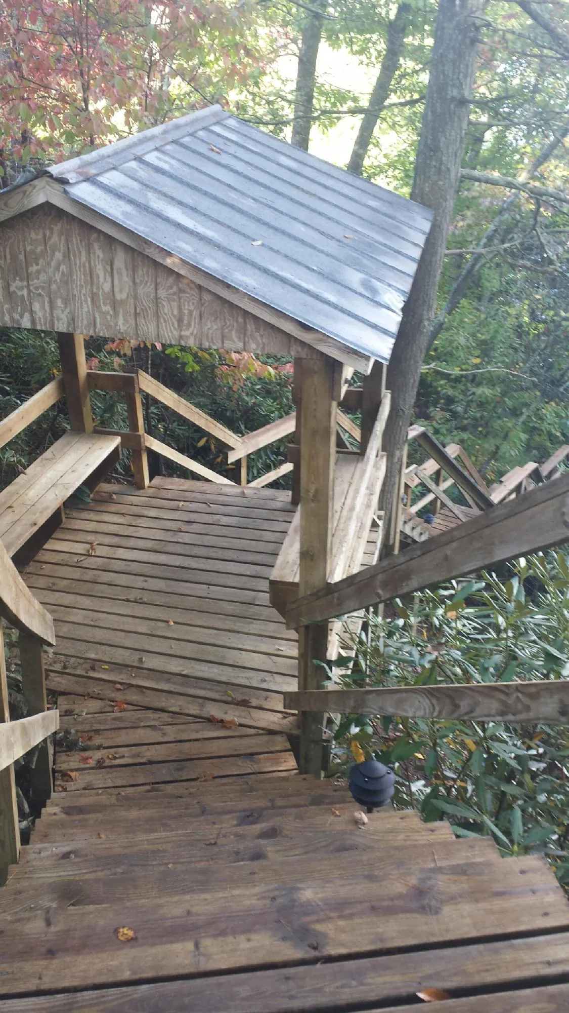 Metal roofed shelter over wooden steps on a wooded walkway — Skylight Repair & Installation work by our crew in Mohler